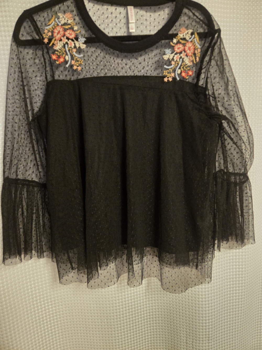 Xhilaration Black Sheer Dot Mesh Blouse with Pink & Yellow Floral Embroidery